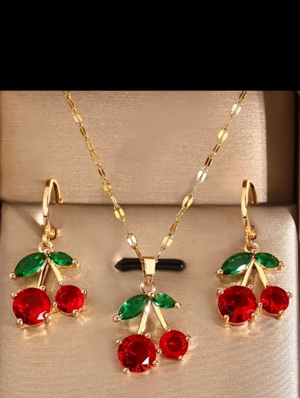 CHERRY NECKLACE/EARRINGS FRENCH BACK CLOSURES 20 IN CHAIN
